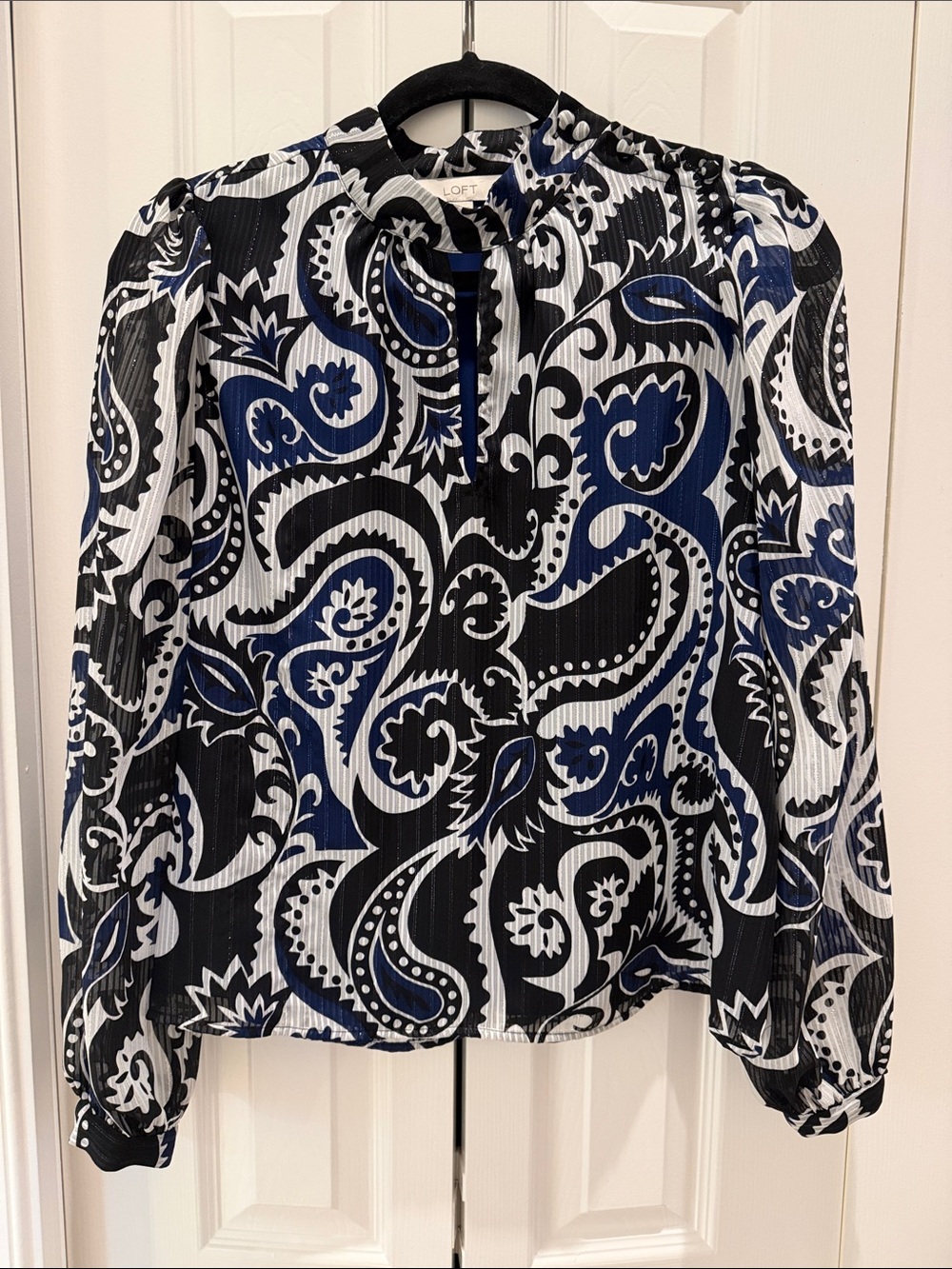LOFT Black, Blue & White Paisley Long-Sleeve Blouse